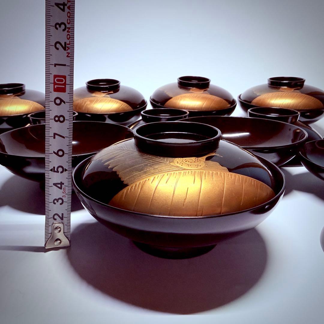 漆器輪島塗　蒔絵金彩細工　沈金木製　蓋付椀　お煮物椀　吸物椀　10 客