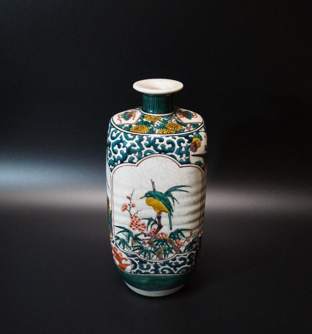 明治期 青九谷  楼閣山水人物花鳥図 花瓶