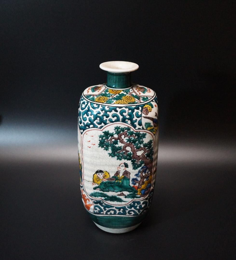 明治期 青九谷  楼閣山水人物花鳥図 花瓶