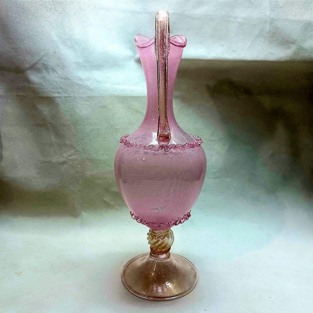 Murano 大型 ムラノ 金彩 ピンク ライン 水差し オブジェ