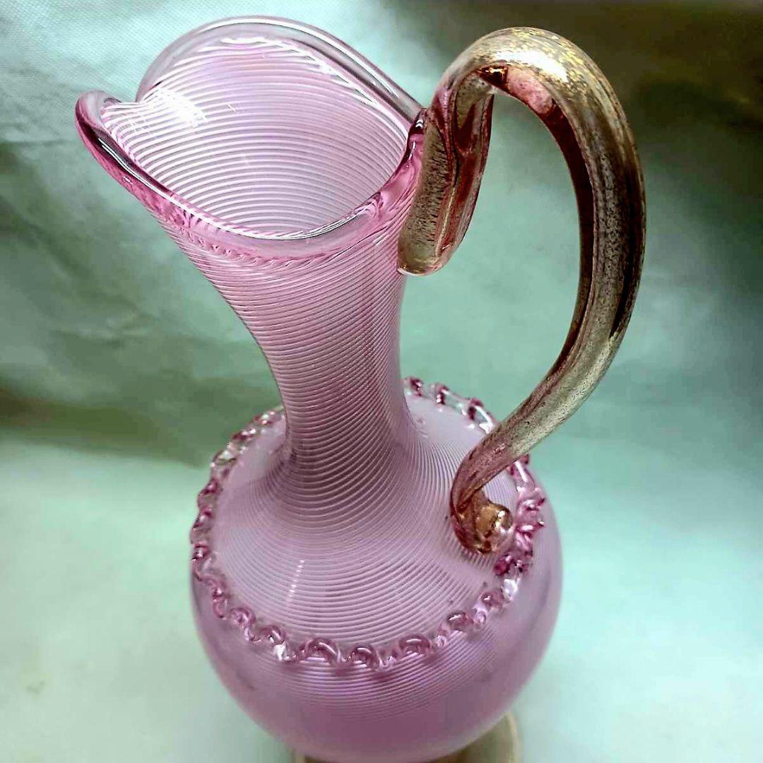 Murano 大型 ムラノ 金彩 ピンク ライン 水差し オブジェ