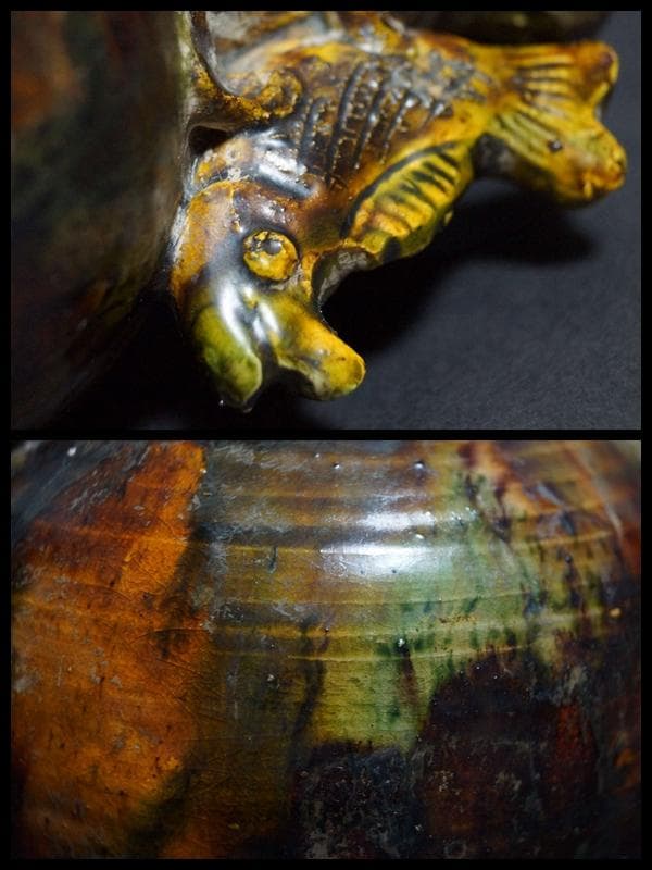 清 古交趾香炉 魚耳双耳 三つ足 箱付 茶事/茶道具★時代物★