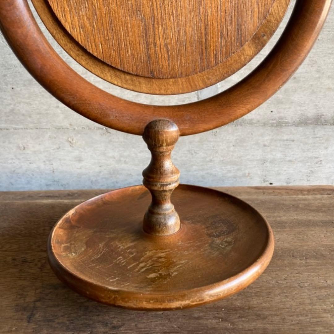 古い味のある卓上鏡 鏡台 ミラー 木製 回転式 丸型 民藝 レトロ ヴィンテージ