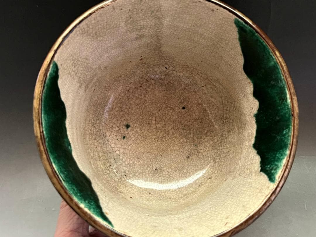 鉢■時代有り 豊楽焼 江戸時代 豊木 唐草紋 織部 古い貫入菓子器 桐箱 骨董■