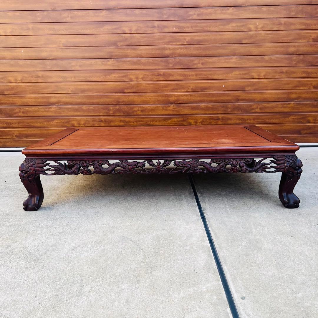 高級唐木　獅子龍彫刻付き　漆仕上げ　長座卓　150センチ幅　テーブル　一枚板