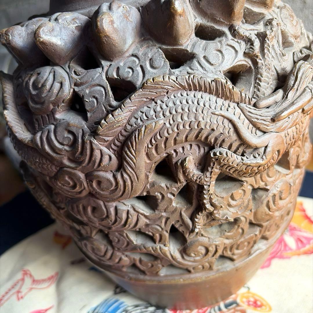 ⭕️沖縄　透かし　壺　骨董　　龍巻