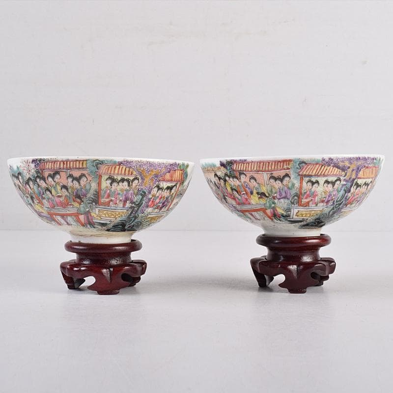 中国　大清光緒年製　粉彩　百美図　茶碗　一對　唐木台付　M　R8899