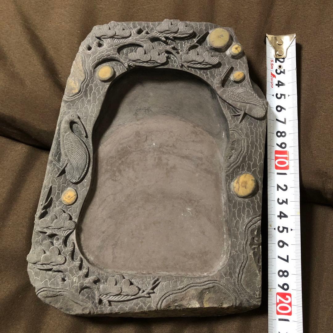 端渓名硯　中国　硯　石目高級硯石　石筋模様　石眼多数　中国古美術　骨董　松刻鶴刻