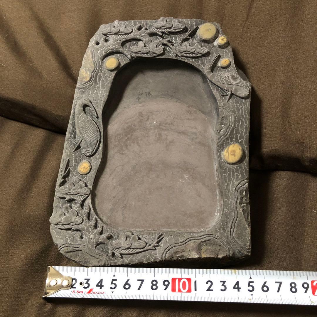 端渓名硯　中国　硯　石目高級硯石　石筋模様　石眼多数　中国古美術　骨董　松刻鶴刻