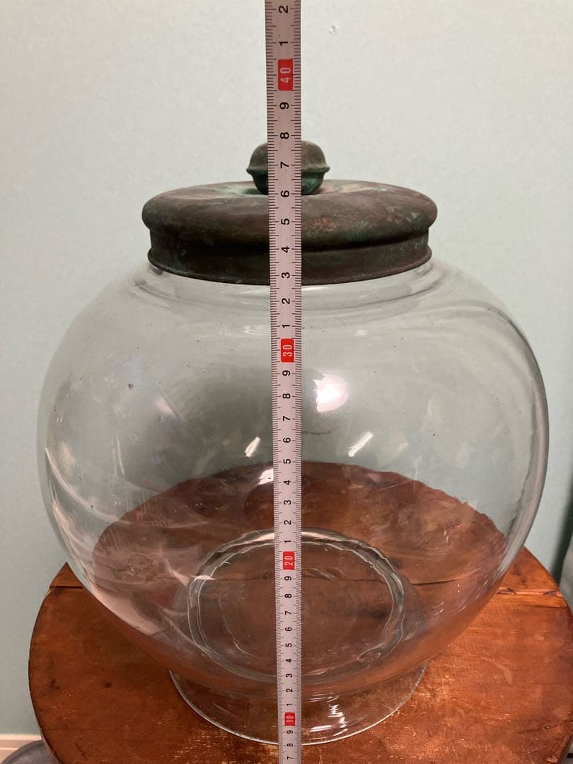 大正時代の丁寧仕上げの銅製蓋付き地球瓶◇菓子瓶◇駄菓子瓶◇時代物◇レトロガラス
