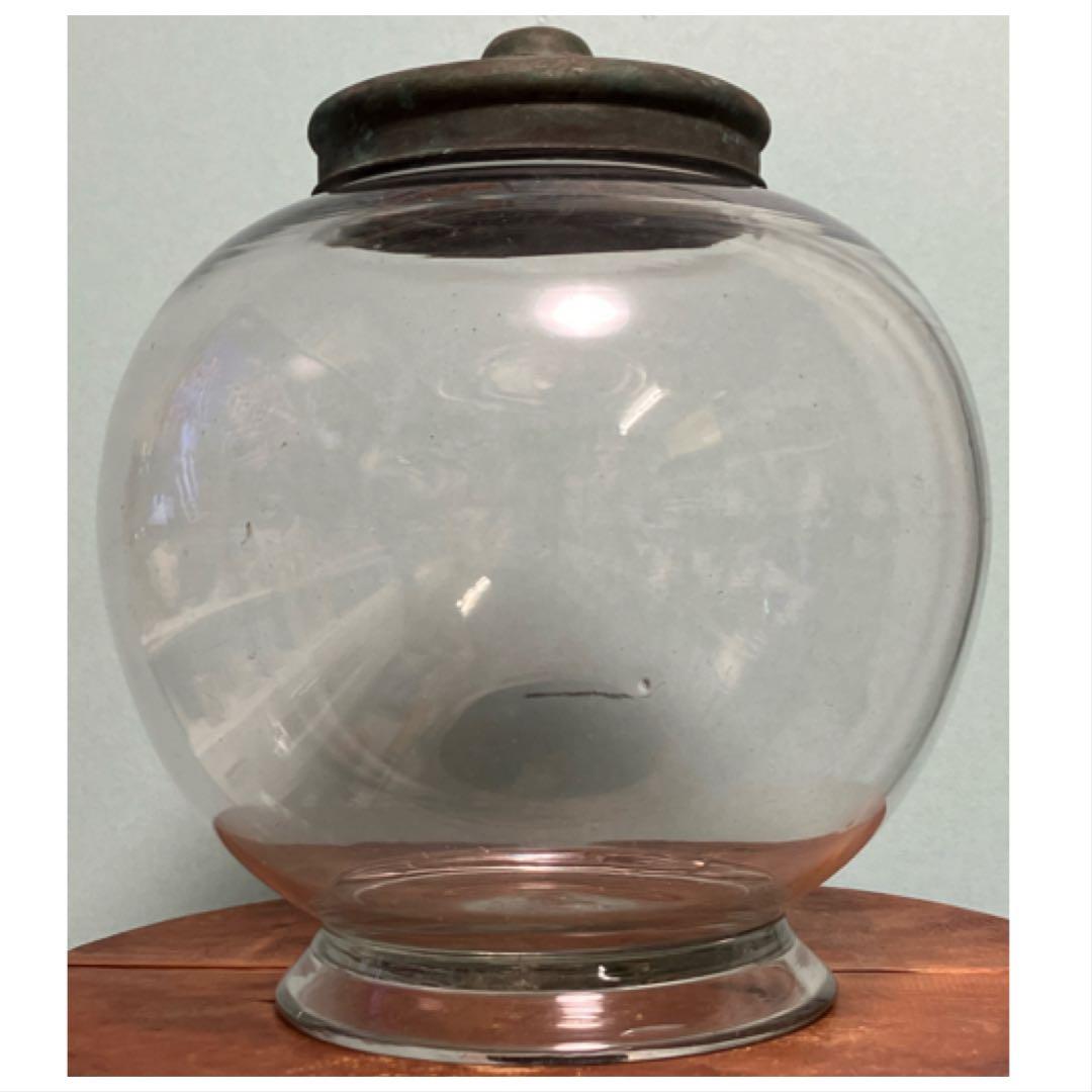 大正時代の丁寧仕上げの銅製蓋付き地球瓶◇菓子瓶◇駄菓子瓶◇時代物◇レトロガラス