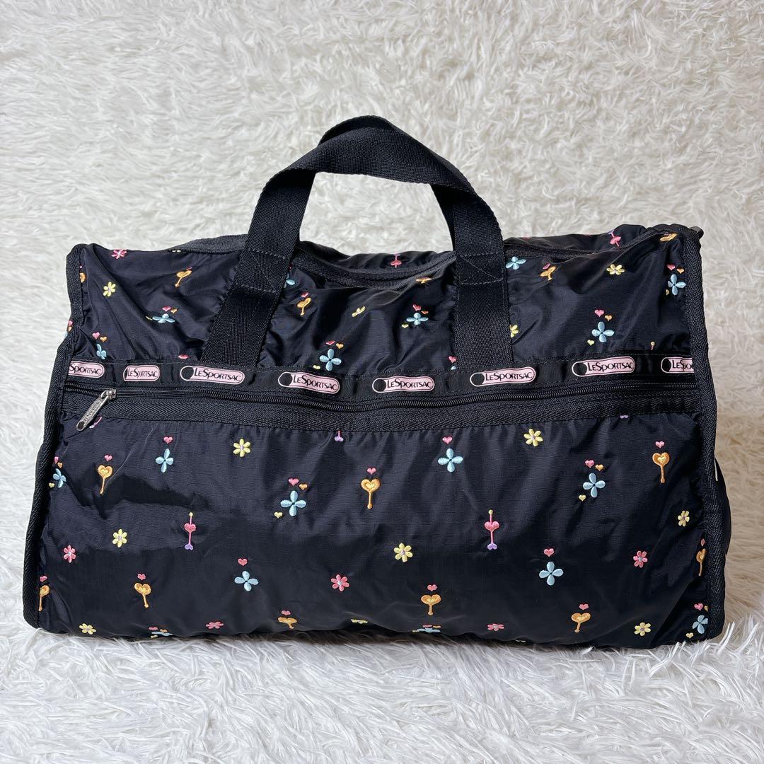 美品✨LeSportsac ボストンバッグ 花柄 刺繍 レスポ ポーチ ブラック