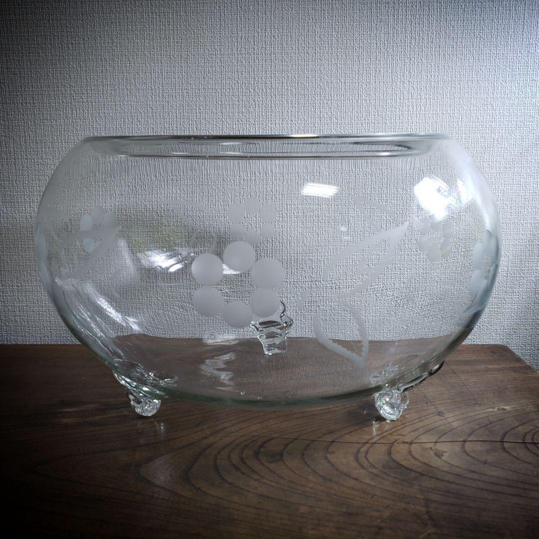 金魚鉢 明治 大正 昭和初期 昭和レトロ 切子 グラビュール 花 猫足 気泡多数
