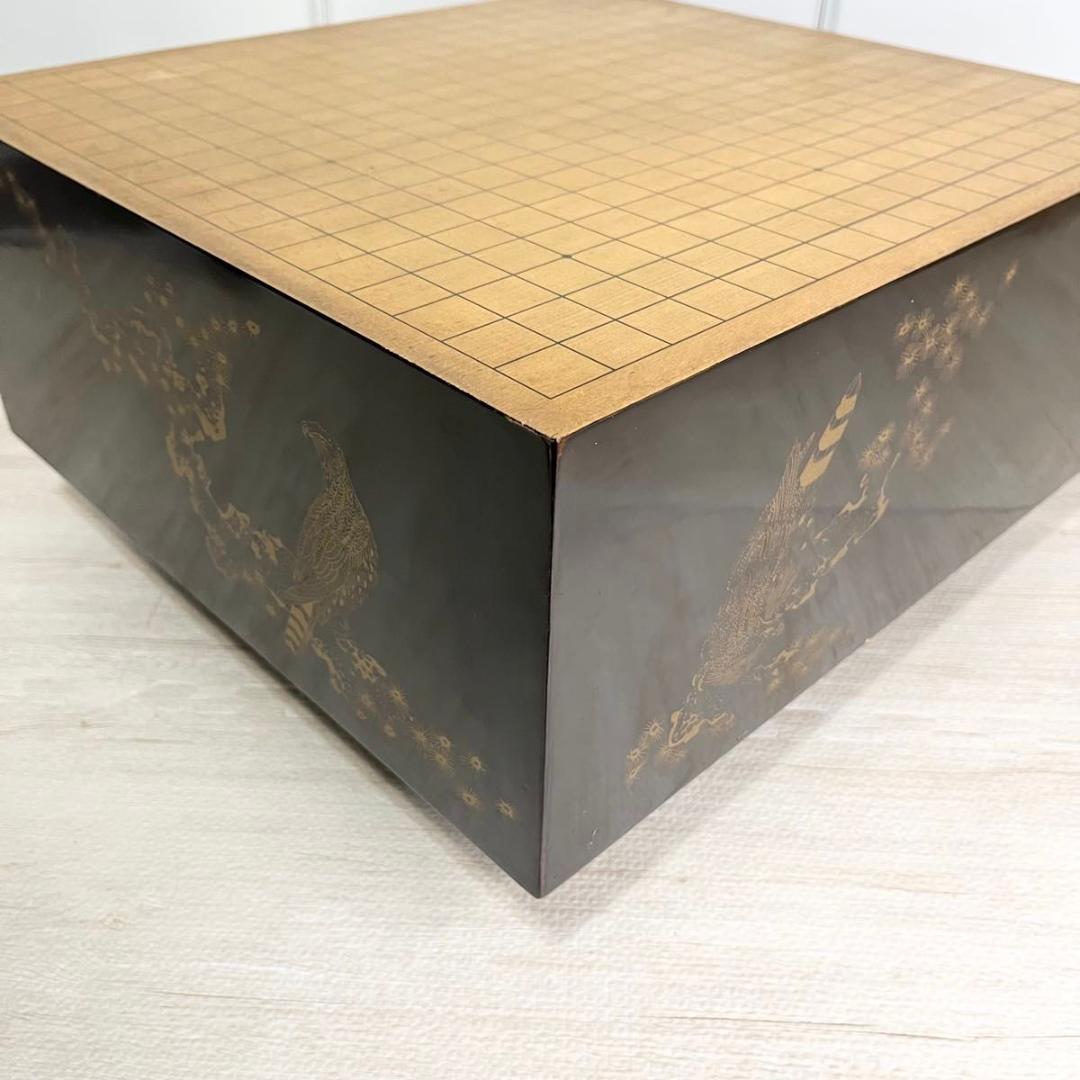 碁盤 黒漆塗 金蒔絵 鷹 松 柾目 高級 6寸盤 厚さ18㎝