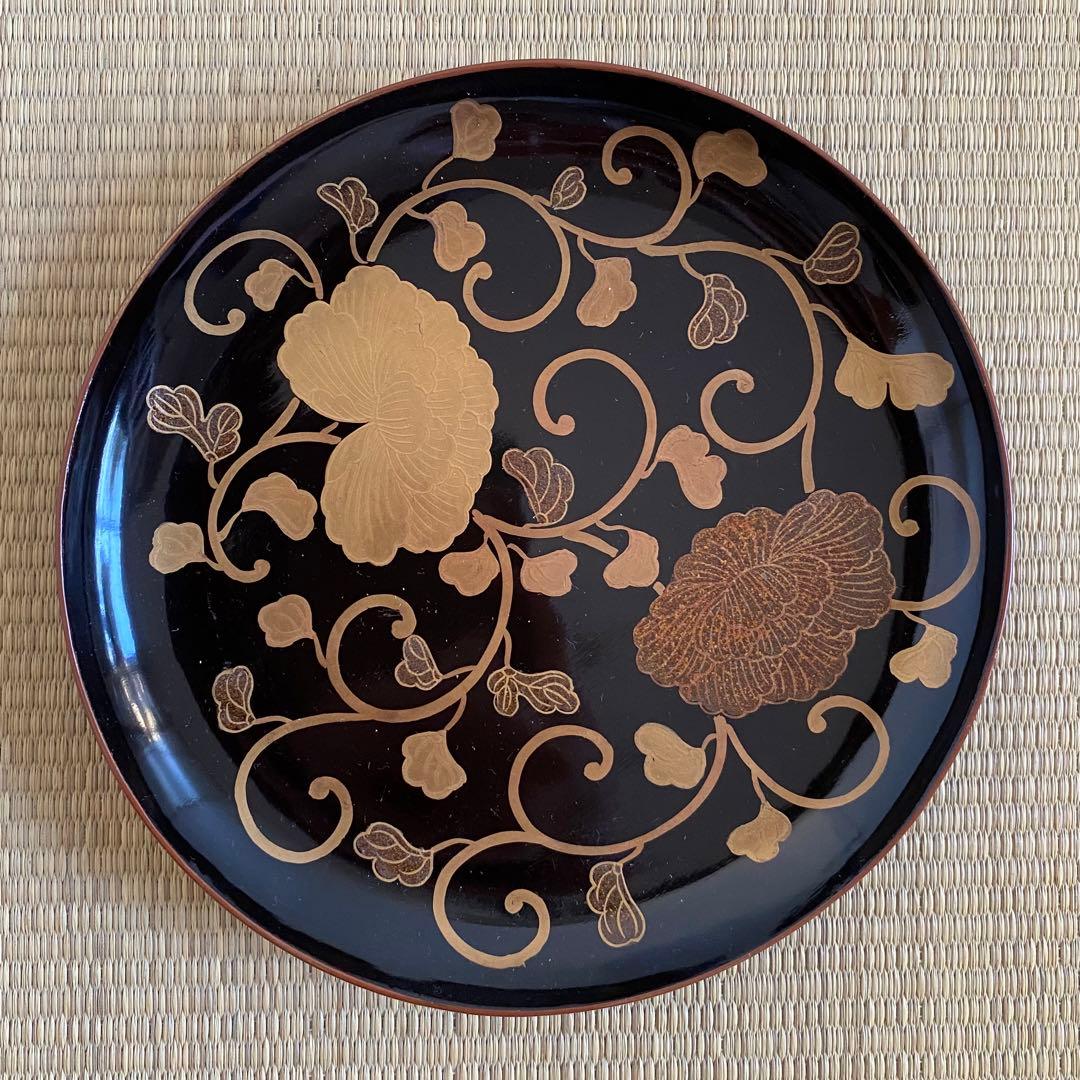 時代 輪島塗【牡丹唐草金蒔絵 銘々皿5客組】菓子皿 天然木 漆塗 懐石 茶道具