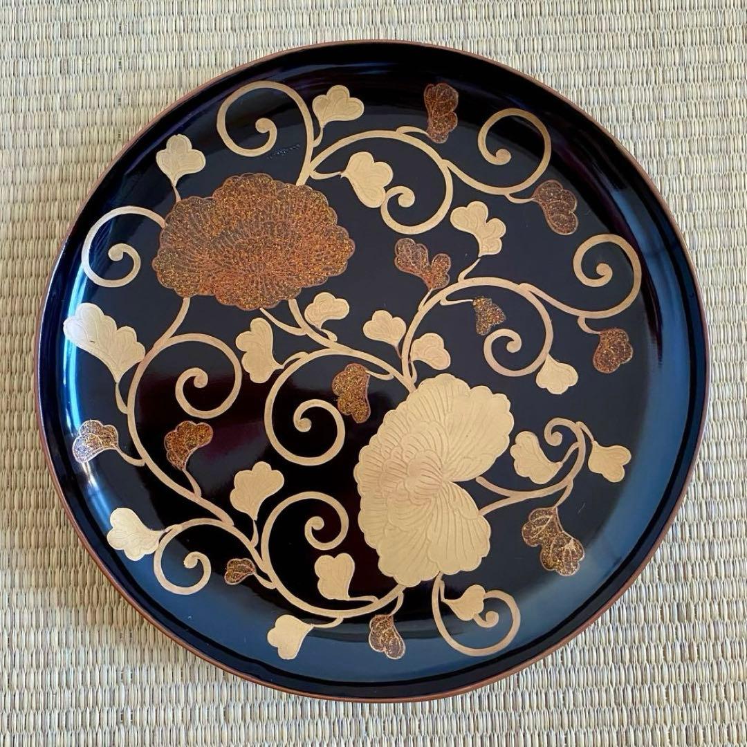 時代 輪島塗【牡丹唐草金蒔絵 銘々皿5客組】菓子皿 天然木 漆塗 懐石 茶道具