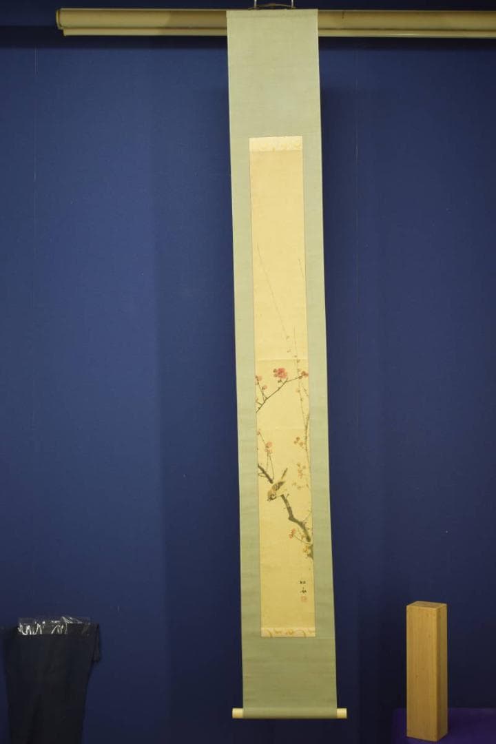 真作/備後福山生/羽田桂舟/紅梅雀図/布袋屋掛軸HI-680