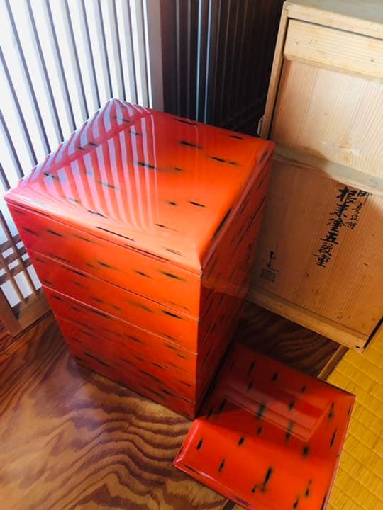 根来塗　重箱　本堅地蝋色塗　五段　蔵出し