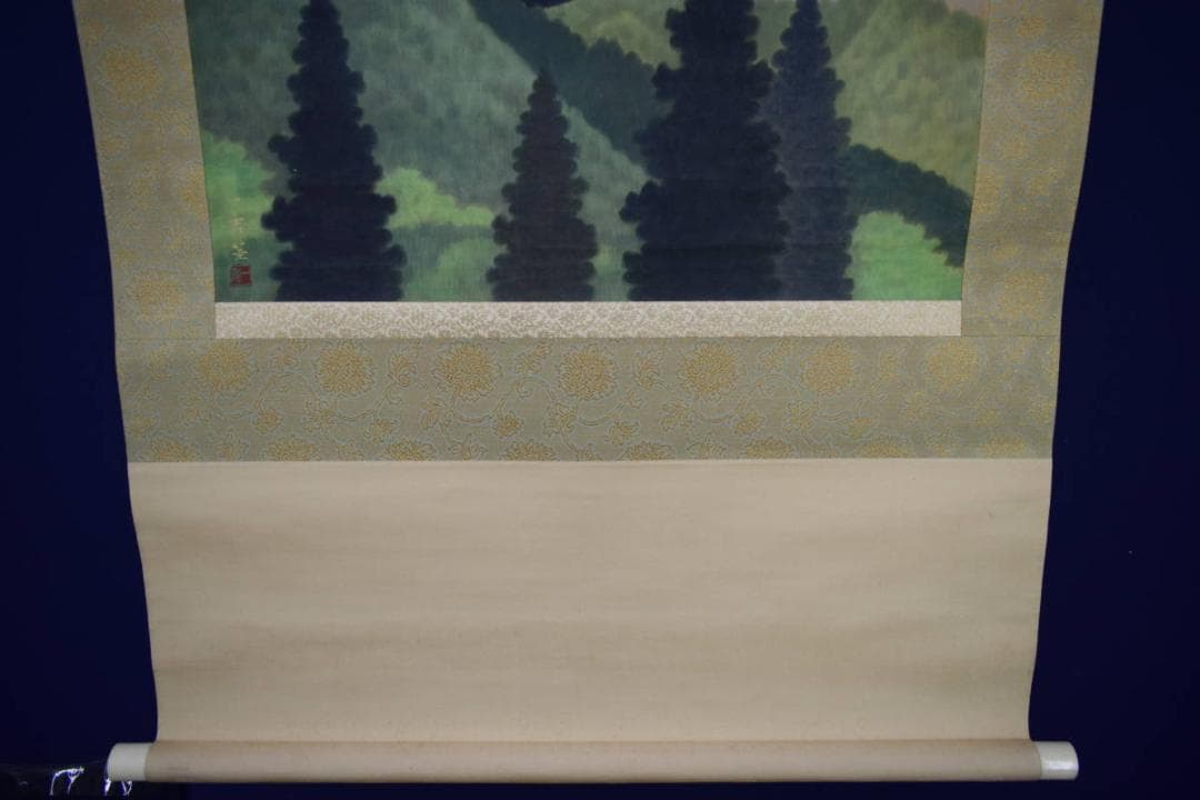 真作/斎内一秀/青緑連山山水図/桐共箱付/布袋屋掛軸HH-751