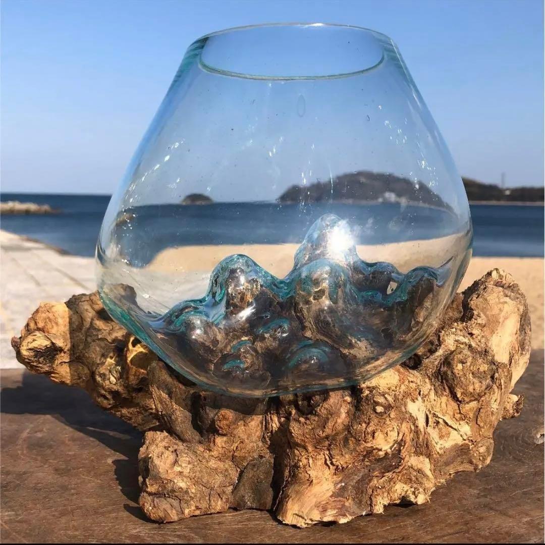 輸入雑貨　バリ島　手吹きガラスアート　オブジェ　天然木仕様　ハンドメイド