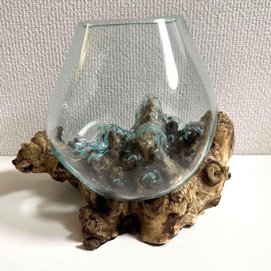 輸入雑貨　バリ島　手吹きガラスアート　オブジェ　天然木仕様　ハンドメイド