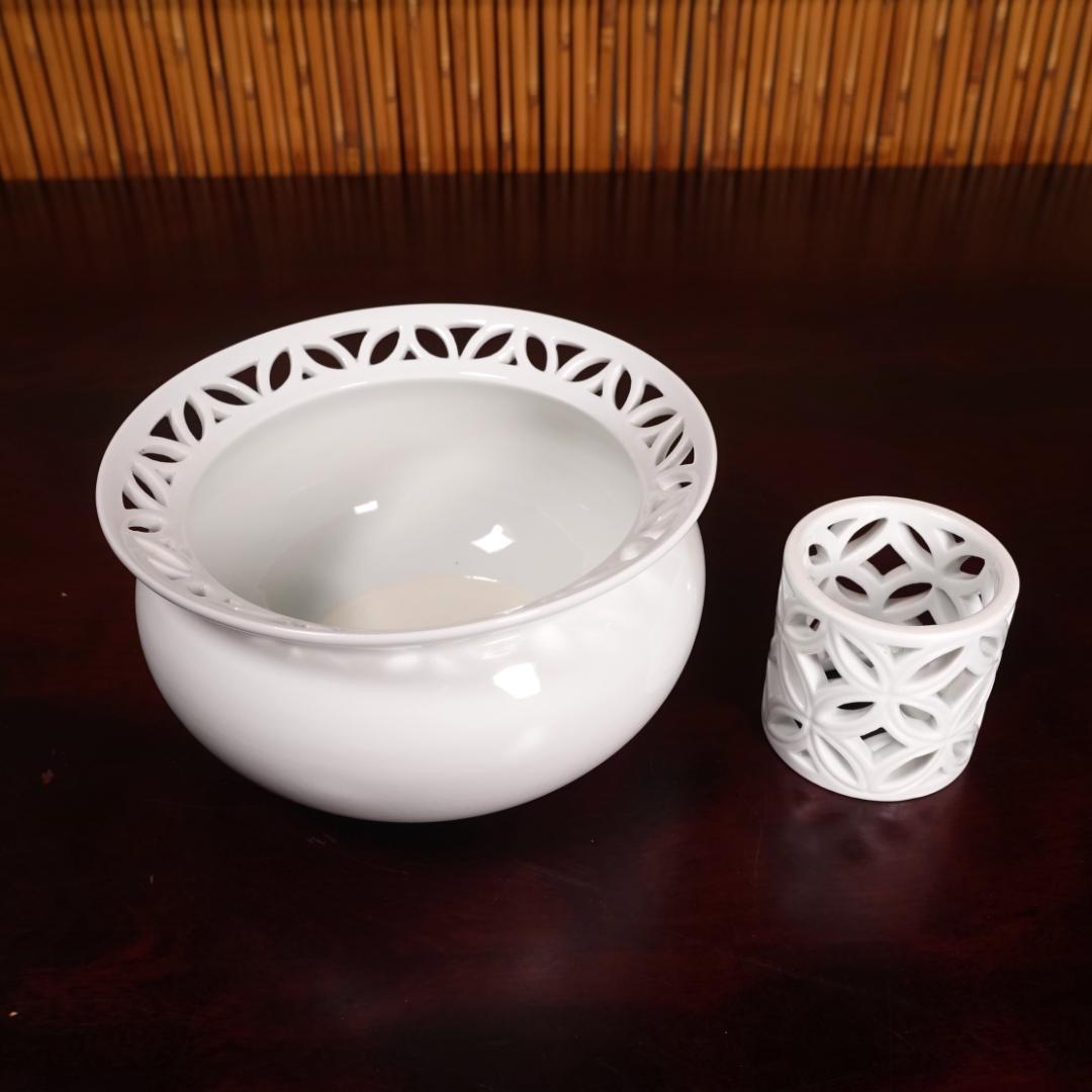 13代 横石嘉助 白磁七宝透 皆具 共箱 茶道具 平戸焼