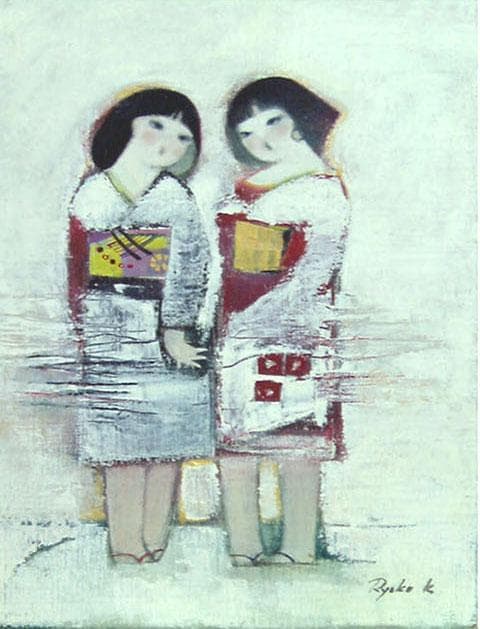 油絵 菅家令子 絵 絵画インテリア額付(銀) F4-252023 雪国の子供たち