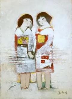 油絵 菅家令子 絵 絵画インテリア額付(銀) F4-252023 雪国の子供たち