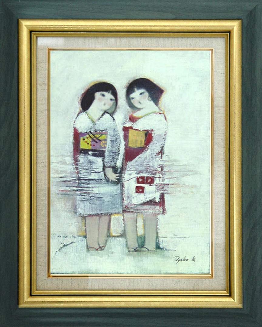 油絵 菅家令子 絵 絵画インテリア額付(銀) F4-252023 雪国の子供たち