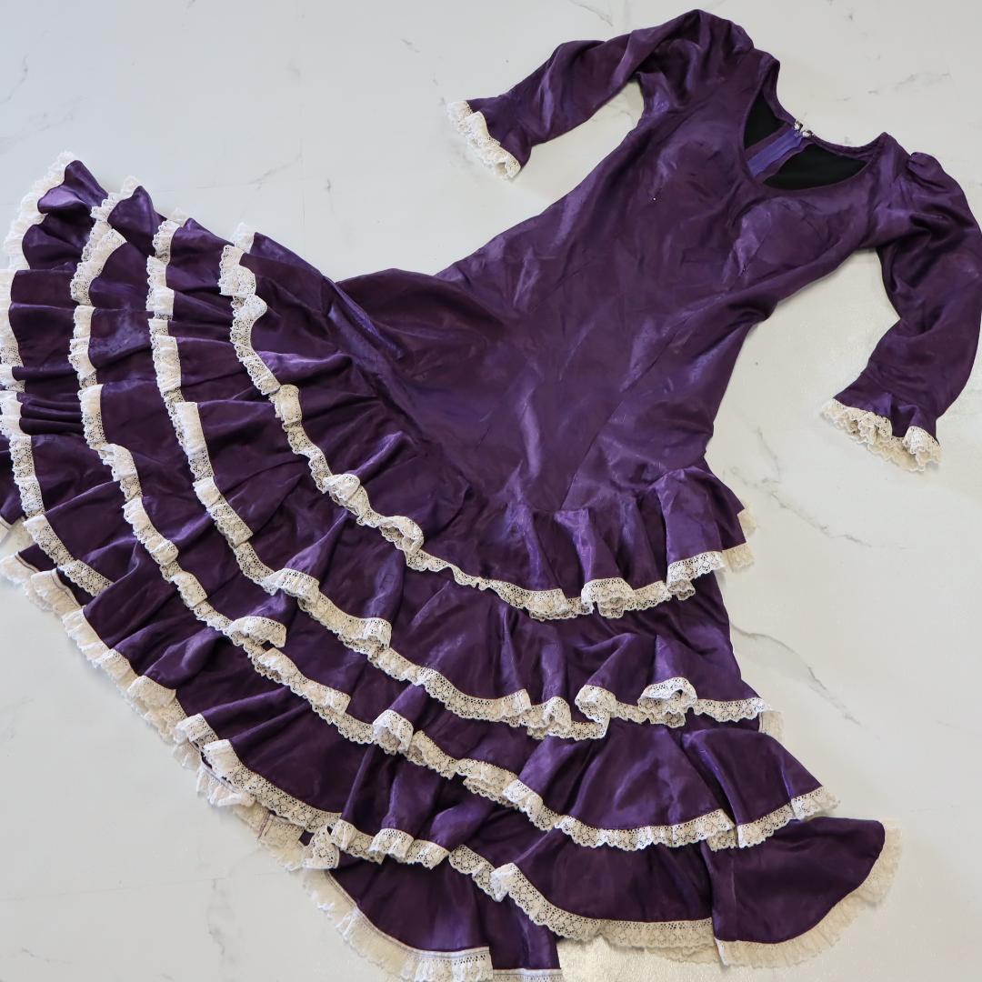 【美品 フラメンコ衣装】光沢パープル×柄×レース地 ドレス Flamenco