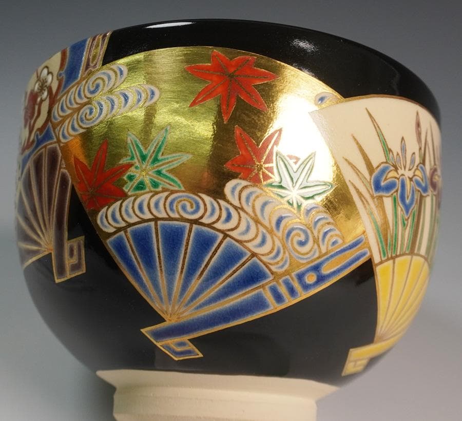 八世 高橋道八 黒釉扇面之図茶碗 共箱 茶道具