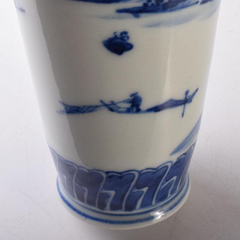 したん　中国　青花　花唐草山水文　双耳瓶　在銘　時代箱　V　R8594