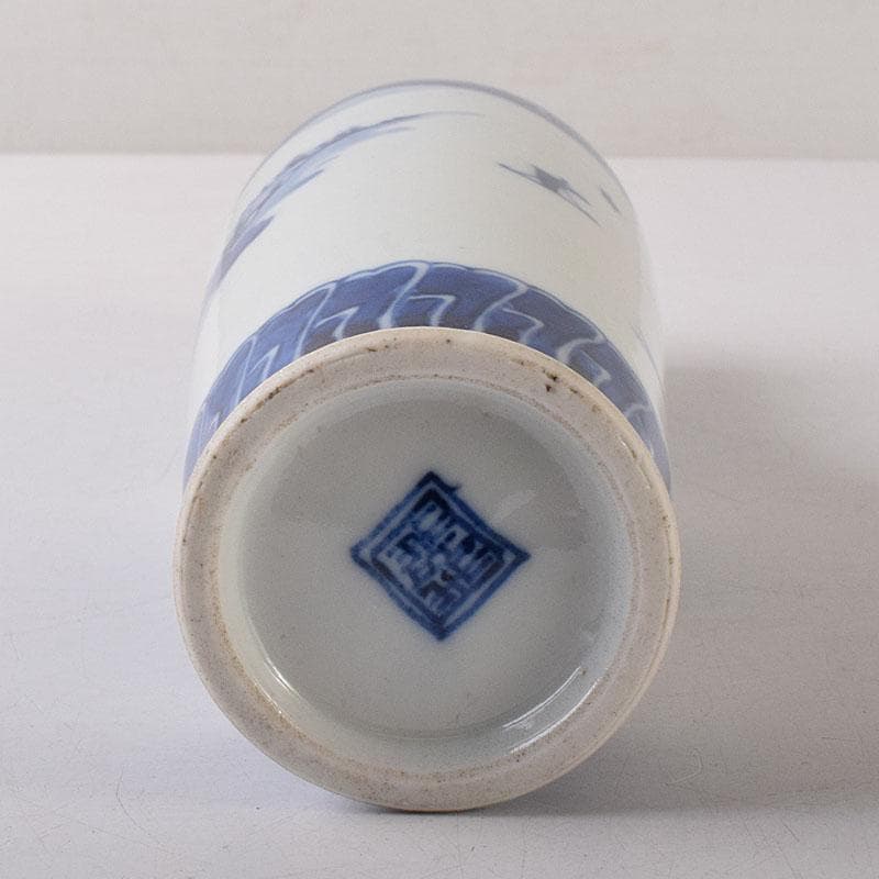 したん　中国　青花　花唐草山水文　双耳瓶　在銘　時代箱　V　R8594