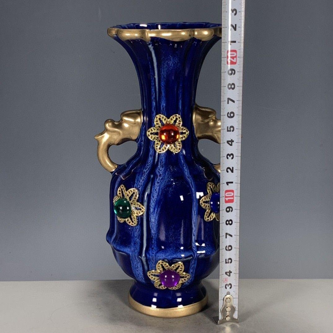 孔雀藍蒔絵象眼宝石両耳花瓶  景徳鎮 陶磁器 装飾品 現代工芸品 美術品 置物