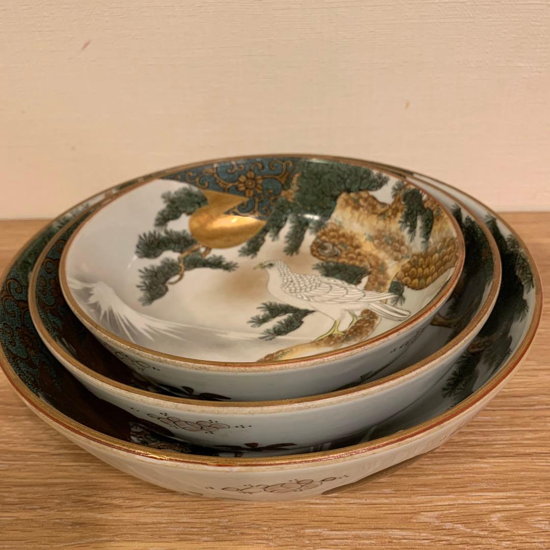 九谷造  鉢　縁起物　鷹　富士山　青粒　　細工　　美品3セット　美品　235