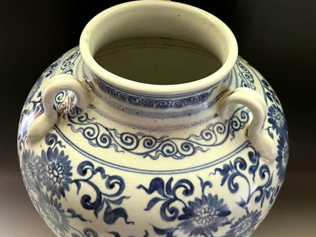 壷■安南染付耳付唐草文瓶 青華 花文大壺 古壷 花瓶花器 古玩 唐物  時代物■