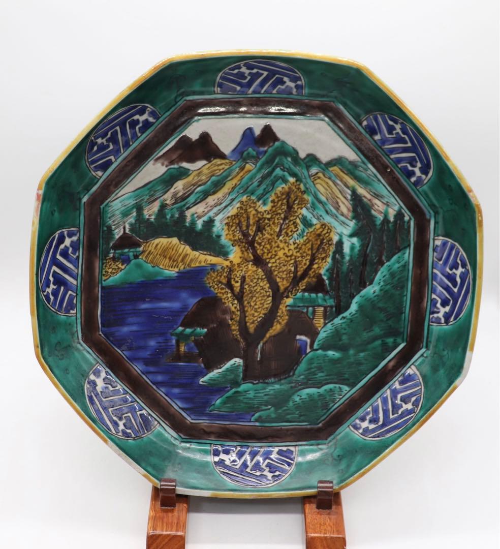 江戸　九谷焼　山水紋角皿　吉田屋　青手　送料込み0612