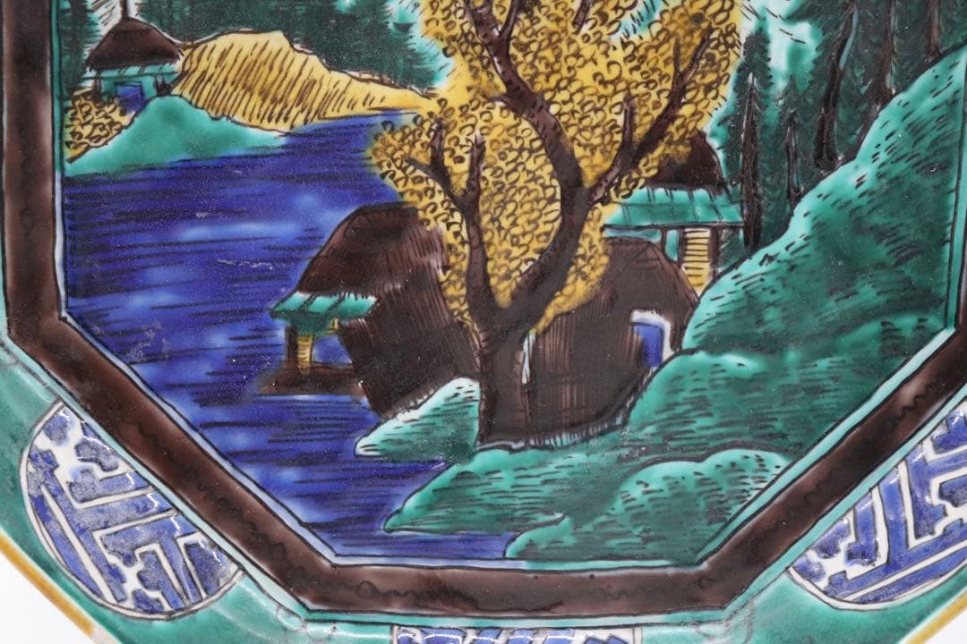 江戸　九谷焼　山水紋角皿　吉田屋　青手　送料込み0612