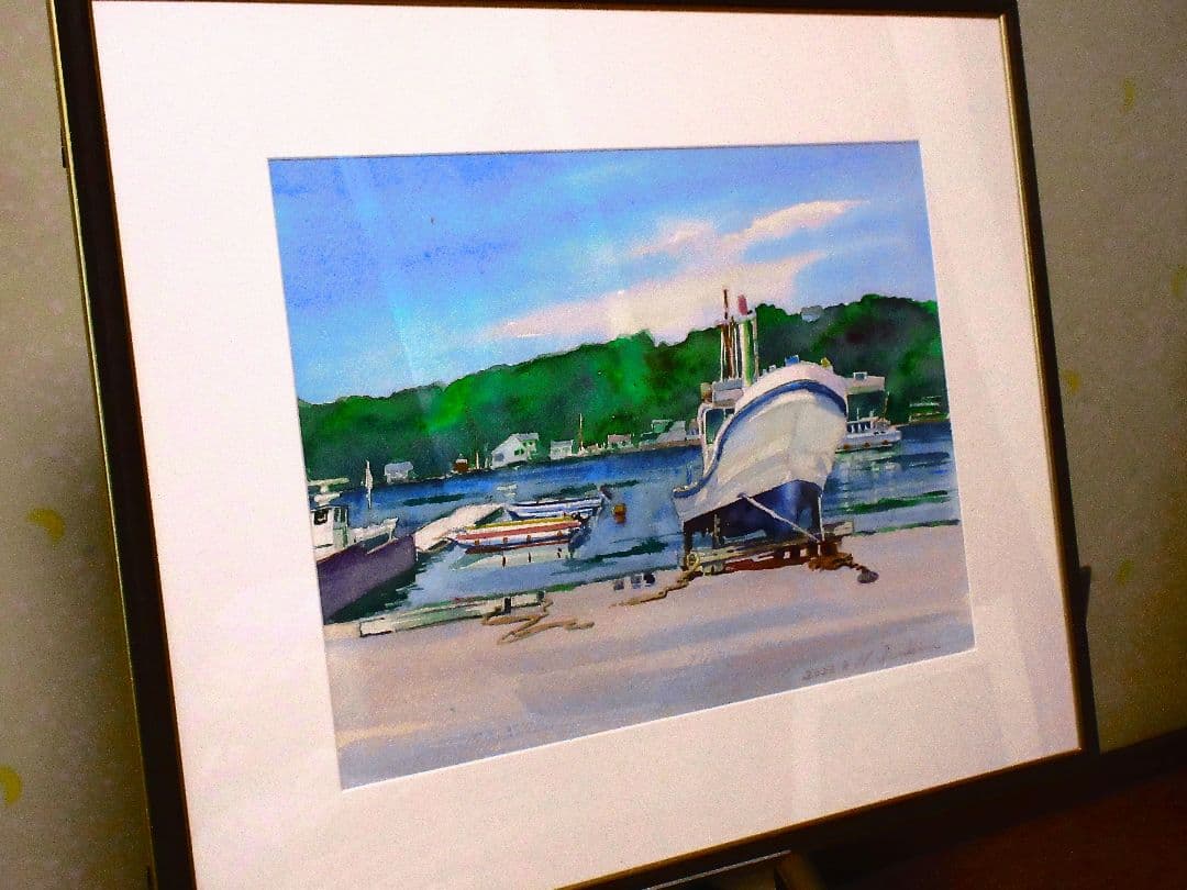 水彩画 陸揚げ船 (額縁付き)