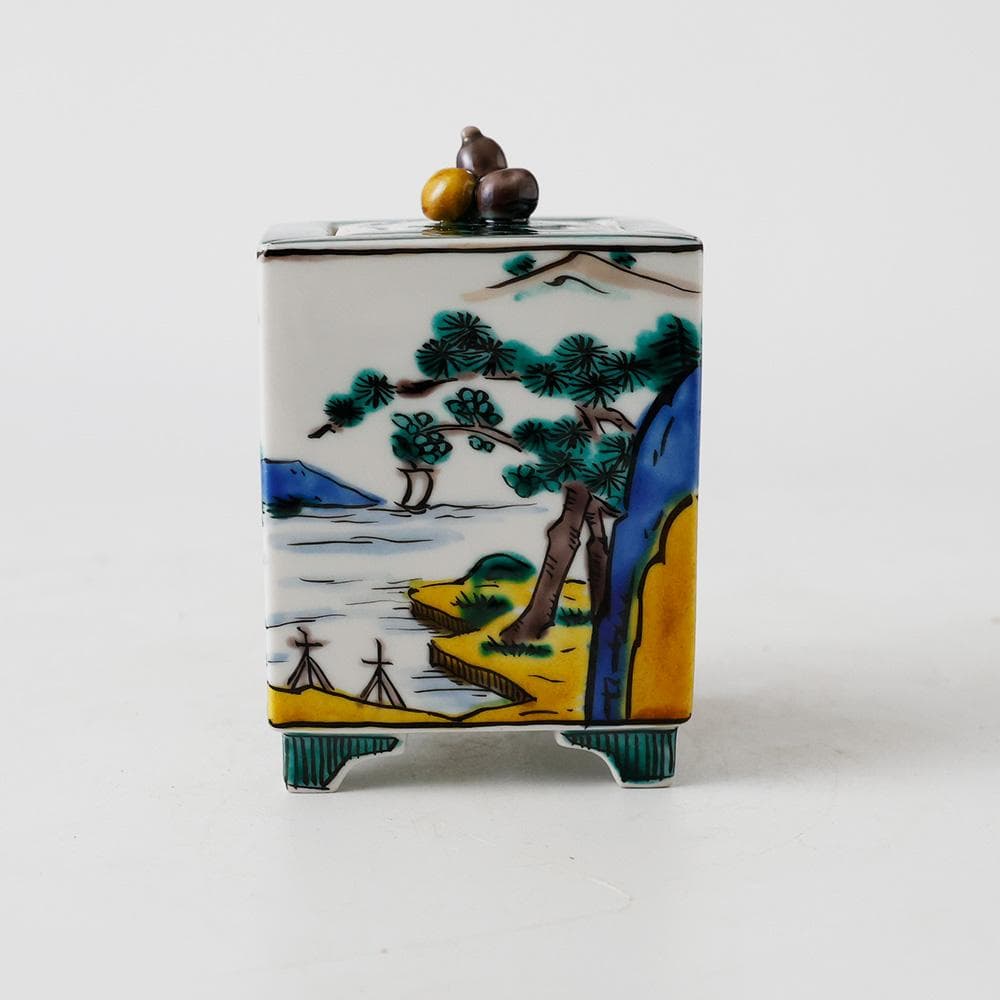 T　九谷焼　清香造　三保松原図　瓢箪　香具　茶道具　茶器　陶器　色絵　共箱