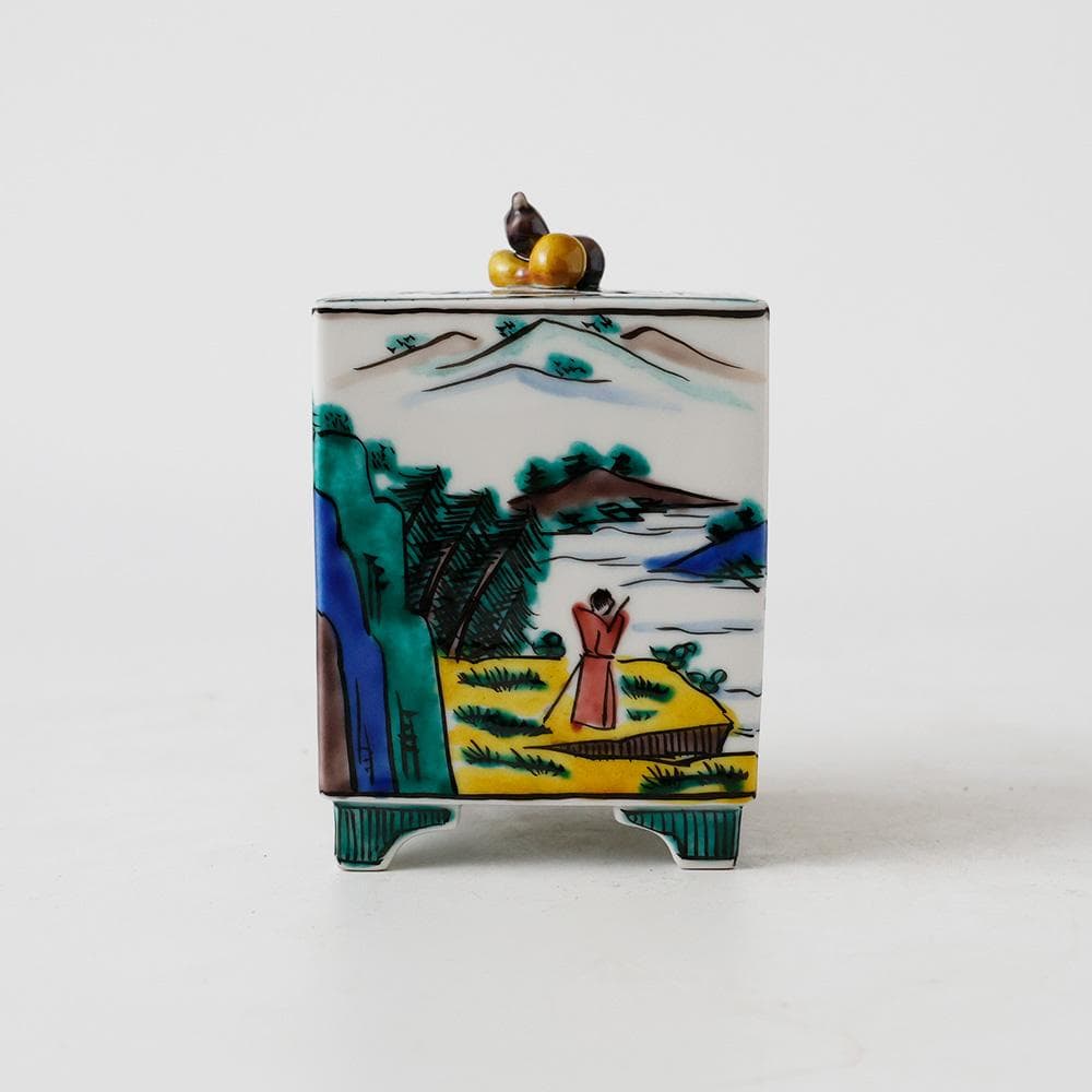 T　九谷焼　清香造　三保松原図　瓢箪　香具　茶道具　茶器　陶器　色絵　共箱