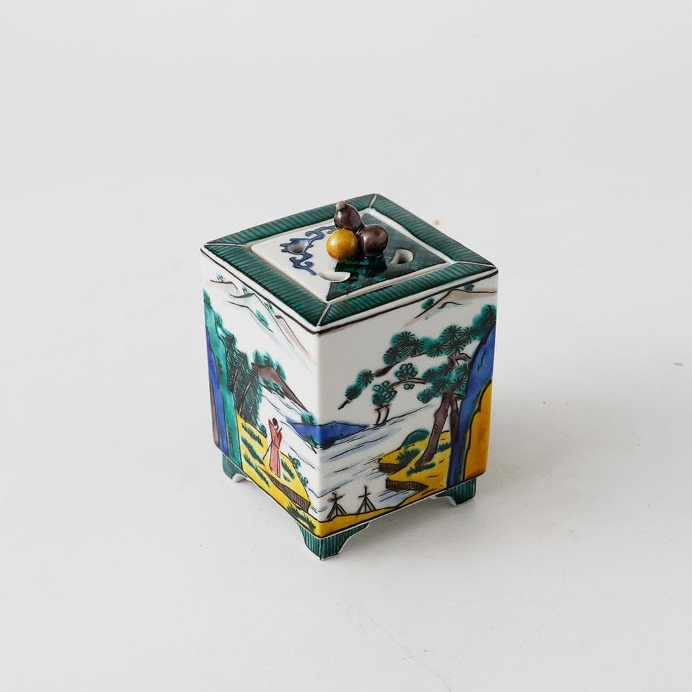 T　九谷焼　清香造　三保松原図　瓢箪　香具　茶道具　茶器　陶器　色絵　共箱