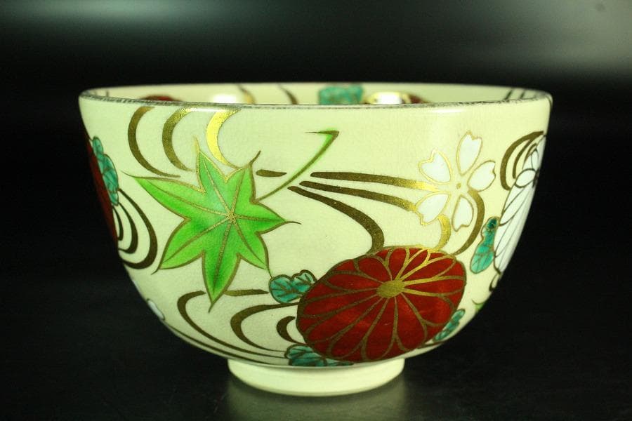 茶道具 金彩 色絵 菊紅葉流水紋 茶碗 陶楽作 美品(K-A665)