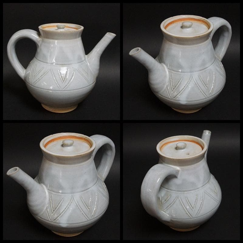 煎茶道具 萩焼 坂田泥華造 陰刻花文急須 後手急須