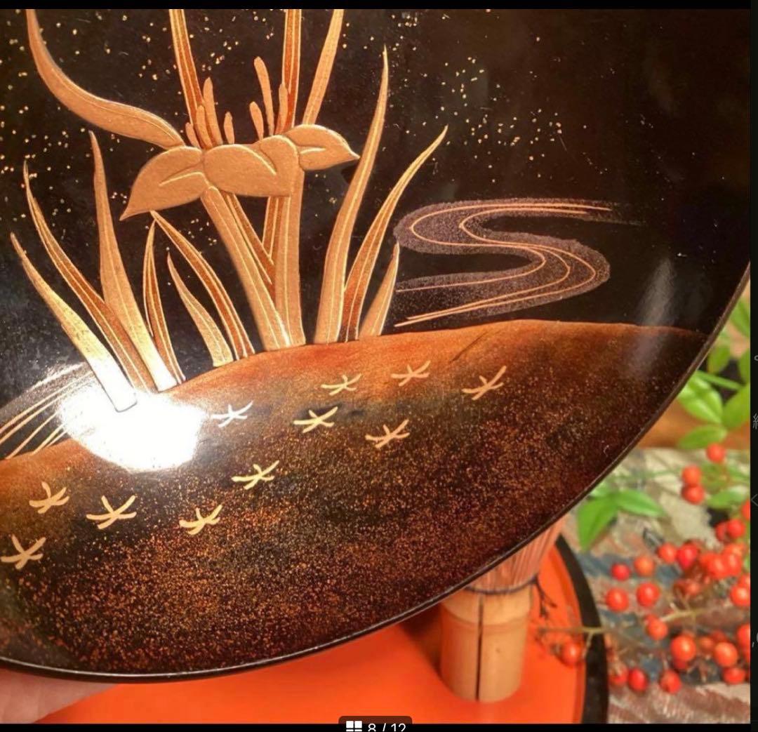 A1061 木製輪島塗　懐石道具　衝羽根に流水菖蒲　蒔絵　2客