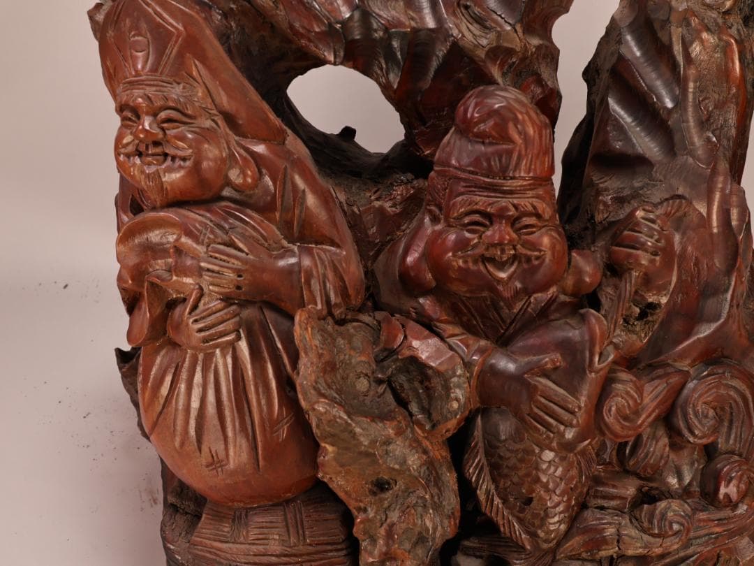 BK238　木彫　恵比寿像　大黒像　東洋彫刻　仏教美術　置物　床飾り　オブジェ