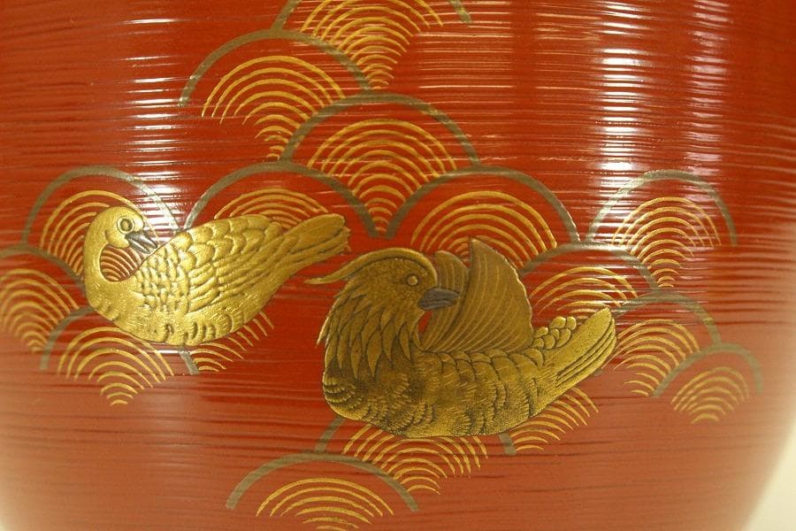 朱塗刷毛目 鴛鴦蒔絵 椀 一対 時代物(ZE659)