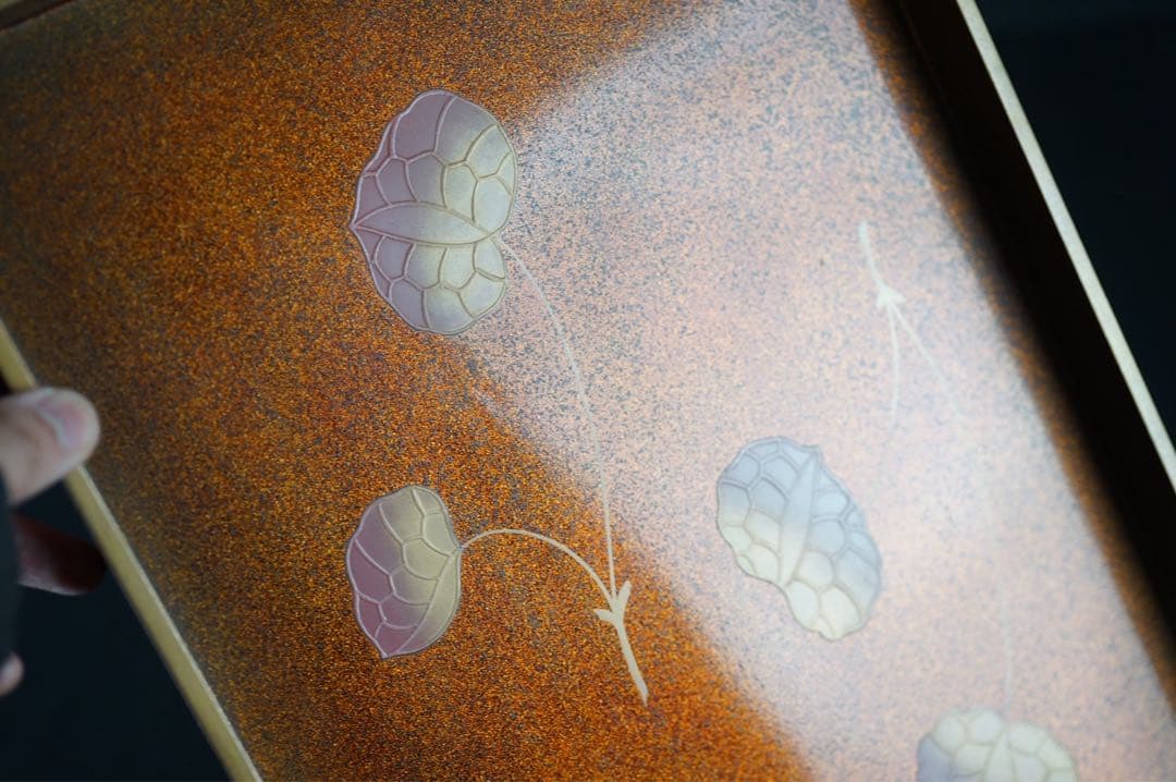 江戸後期 時代 総梨地 朱金 蓮蒔絵 硯蓋 共箱 木製漆器 書道具 古美術