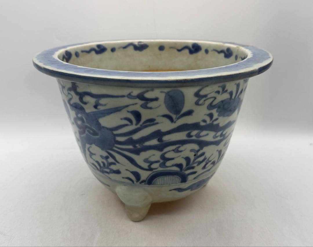 古染　染付　植木鉢　花卉紋　アンティーク　送料込み260129