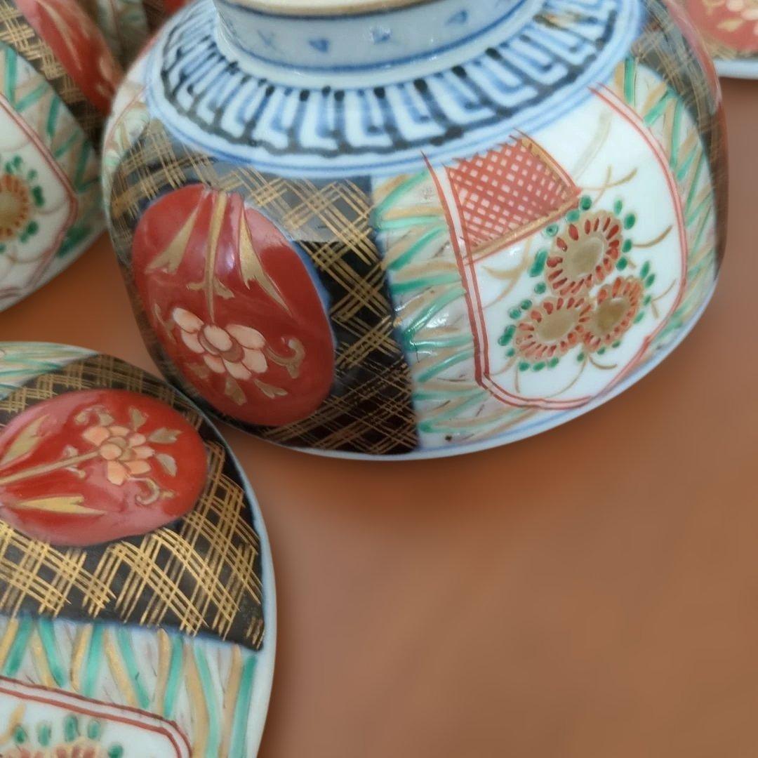 骨董　伊万里　蓋付き　お茶碗　碗　色絵　錦手　アンティーク　5つ〜